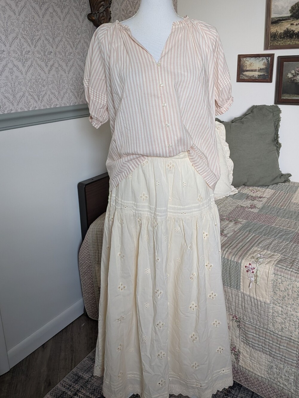 Blonde Robin 100% Cotton Eyelet Embroidered Midi Skirt Ivory Cottagecore Boho M - Picture 2 of 11